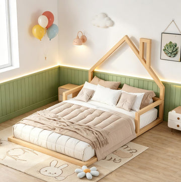 Full Floor Bed for Kids, Wood Full Bed for Kids, Kids bedframe with House-Shaped Headboard, Montessori Floor Beds