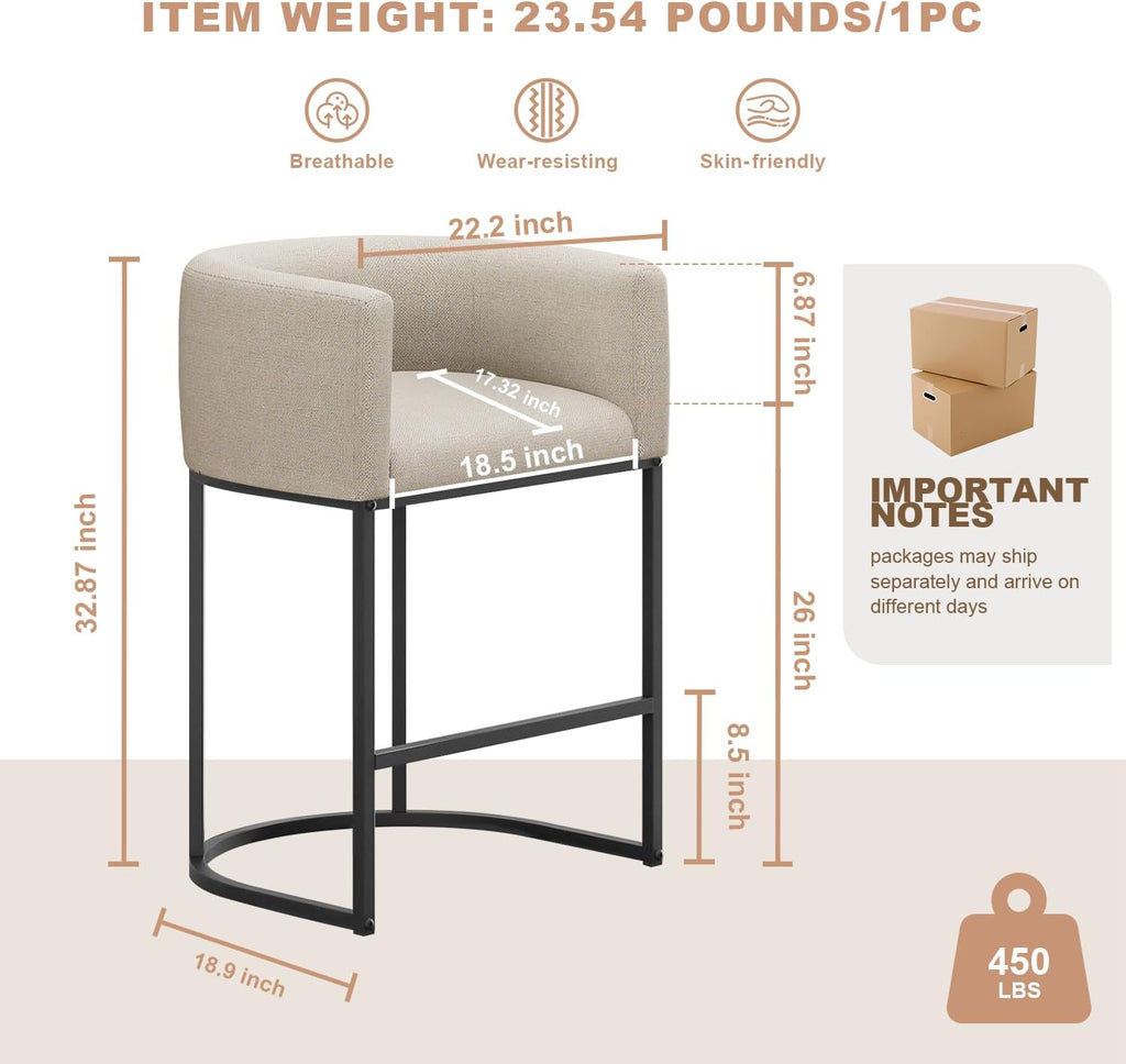 26" H Counter Height Bar Stools Set of 3, Modern Barrel Counter Stools with Backrest and Arms, Linen Fabric
