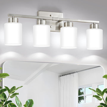 Brushed Nickel Bathroom Light Fixtures, 4-Light Modern Vanity Lights with Milky White Frosted Glass Shades, Wall