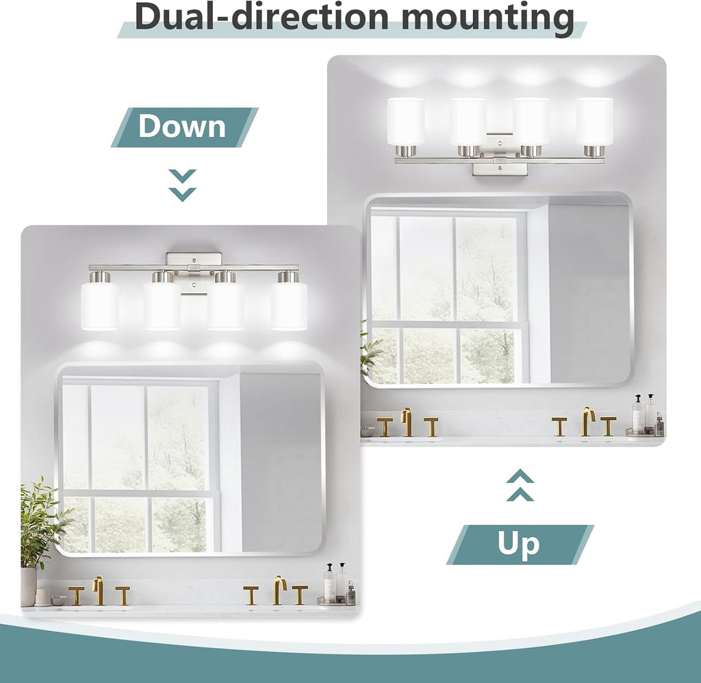 Brushed Nickel Bathroom Light Fixtures, 4-Light Modern Vanity Lights with Milky White Frosted Glass Shades, Wall