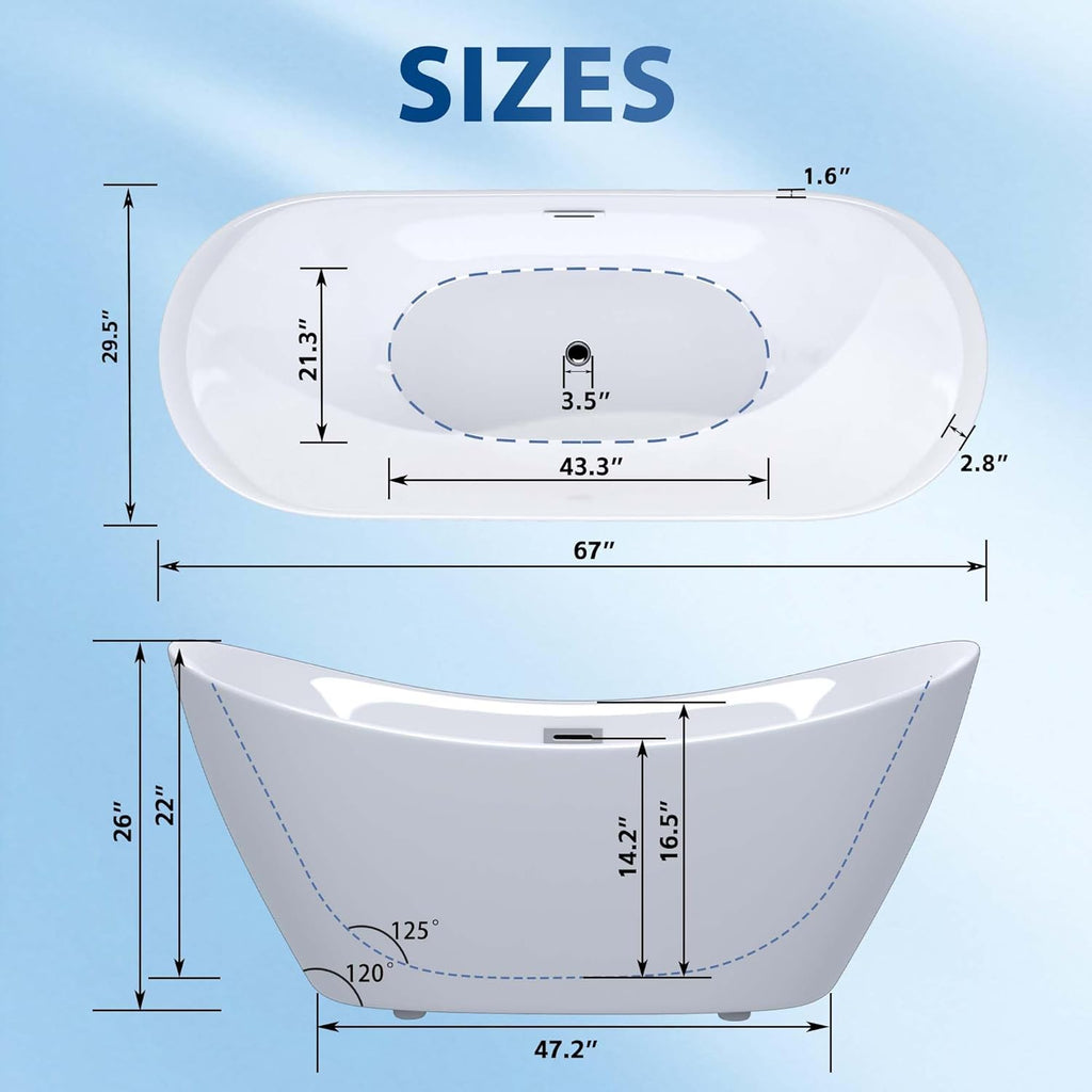 67" Oval Freestanding Soaking Bathtub with Toe-Tap Chrome Drain & Adjustable Leveling Feet, Stand Alone Tub, Acrylic