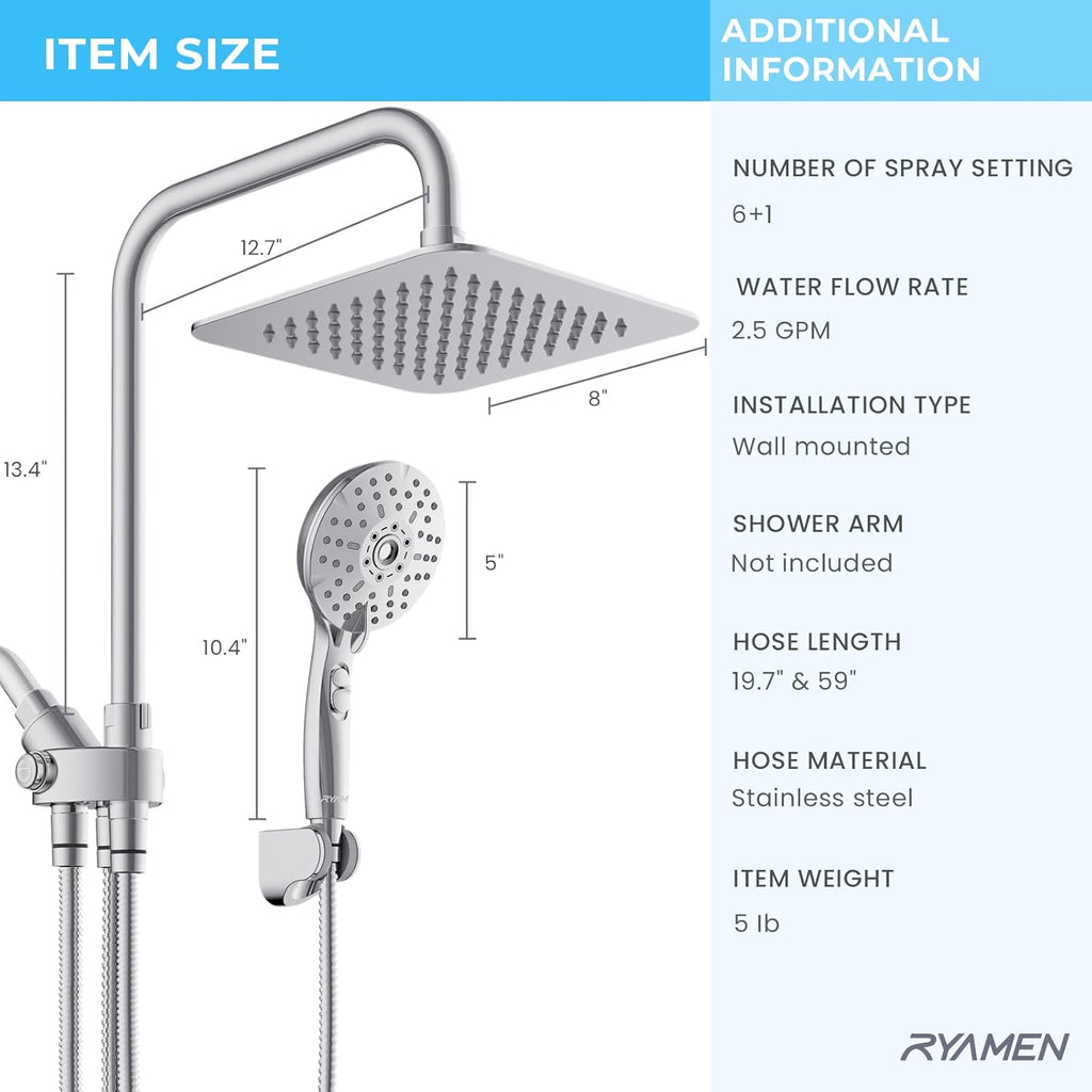 Dual Shower Head Combo, 8'' High Pressure Rain Shower Head with Handheld Spray, 6+1 Spray Settings Handheld Showerhead