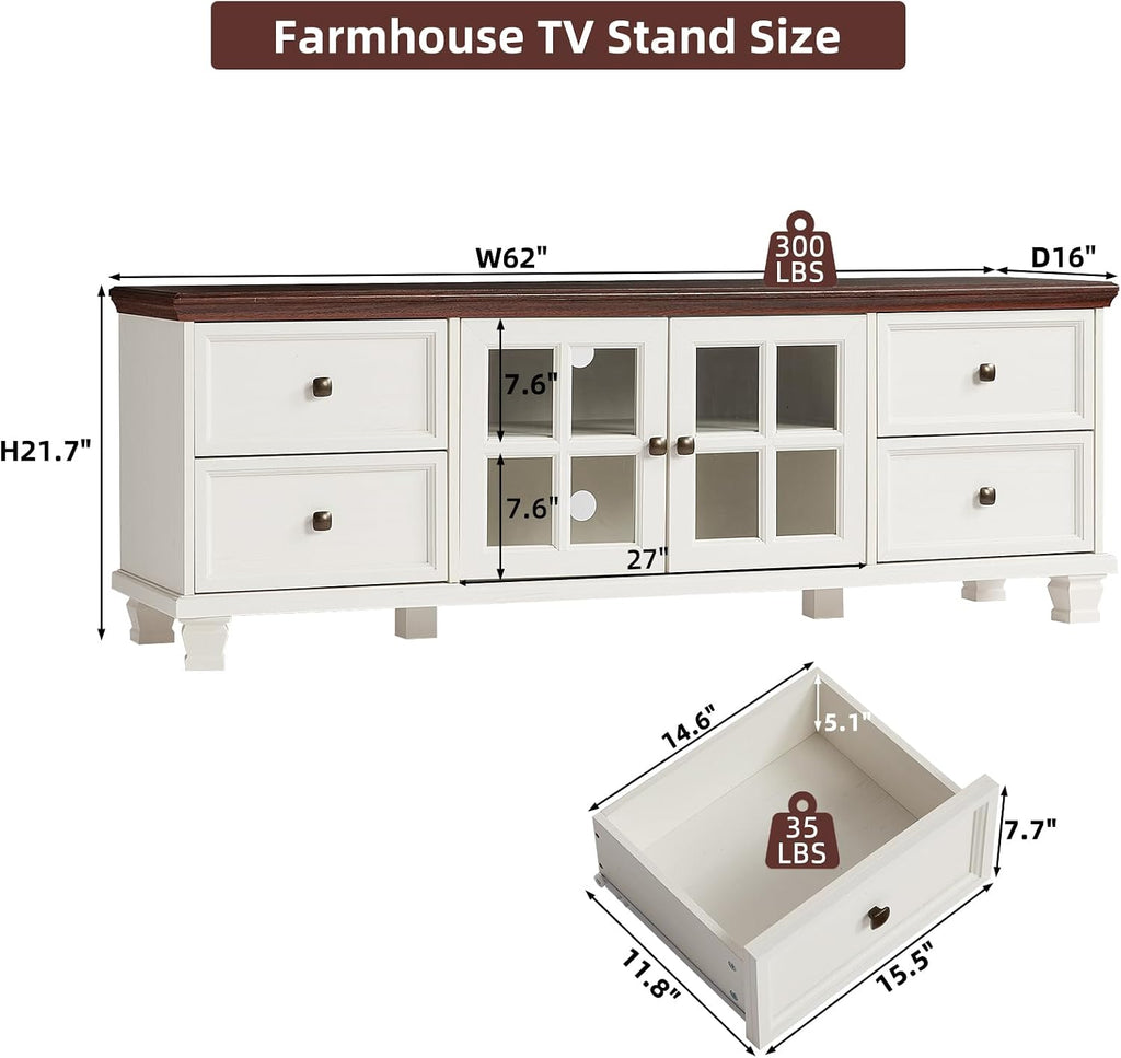 TV Stands for Living Room, Farmhouse Entertainment Center, Rustic Wood TV Stand with Drawers for 75 Inch TV, White