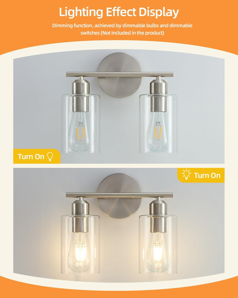 Bathroom Light Fixtures, 2-Light Brushed Nickel Vanity Lights, Modern Bathroom Lighting Fixtures Over Mirror with
