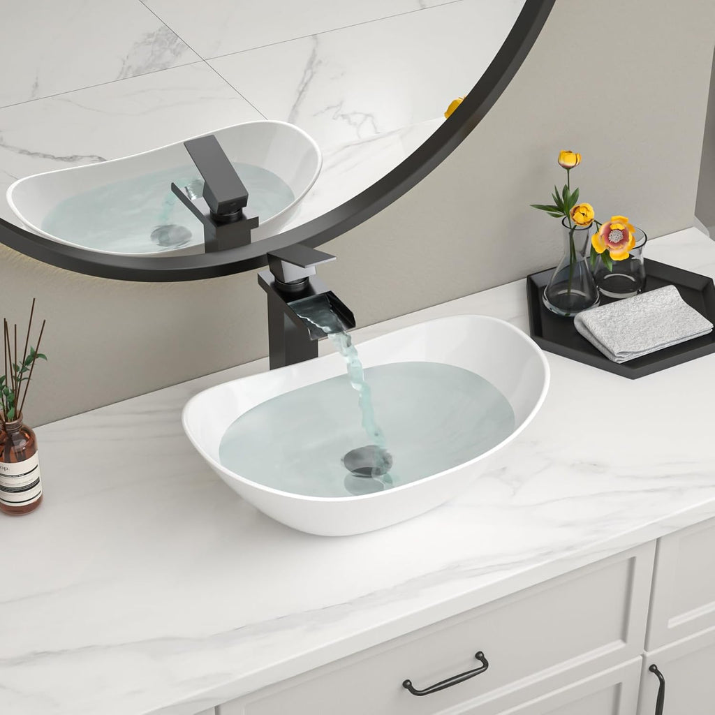 Bowl Sink For Bathrooms 17" x 11" Oval White Vessel Sink Modern Boat Shape Artistic Basin Bathroom Vessel Sinks Above