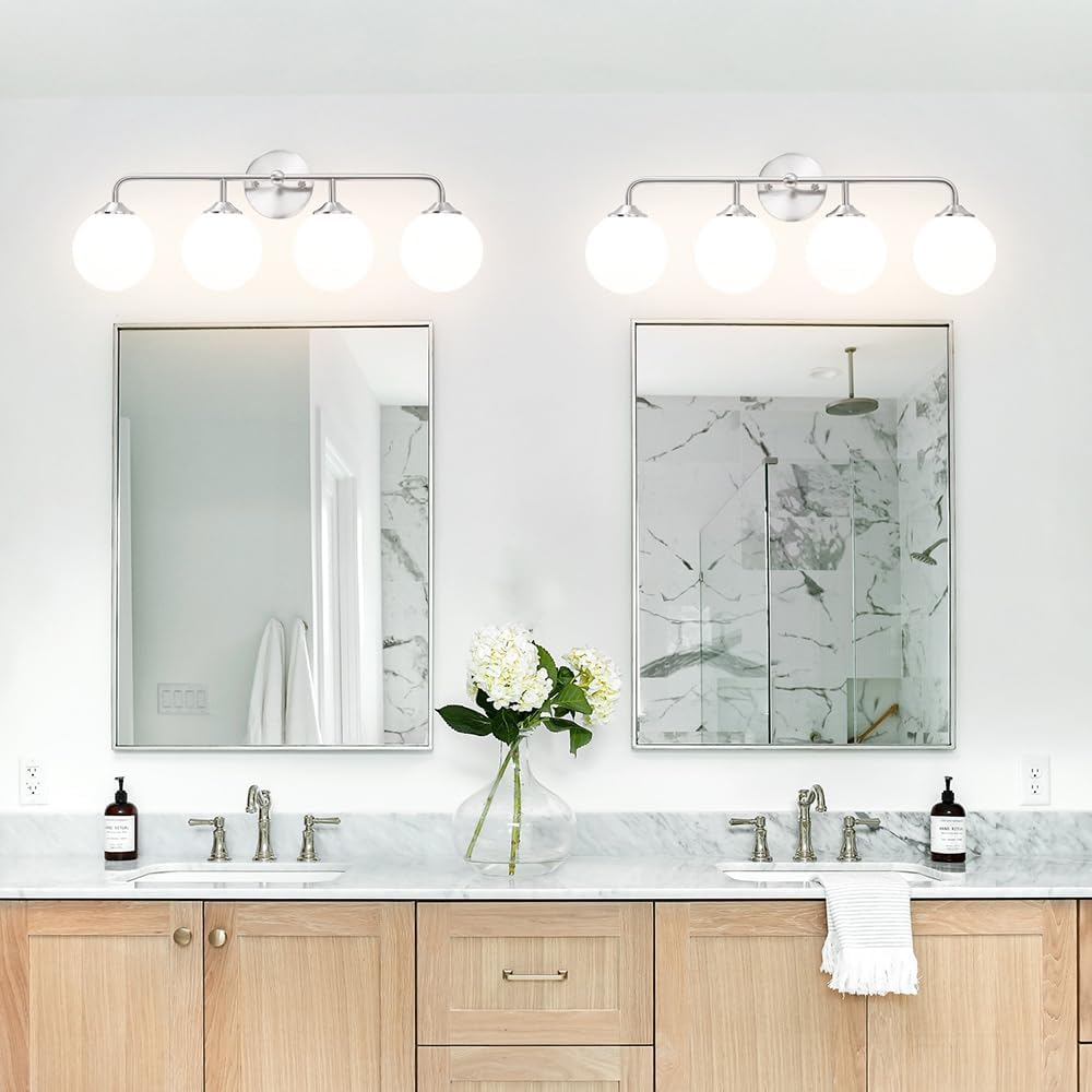 Modern 4-Lights Brushed Nickel Vanity Lights Over Mirror, Bathroom Lighting Fixtures with Milk White Globe Glass