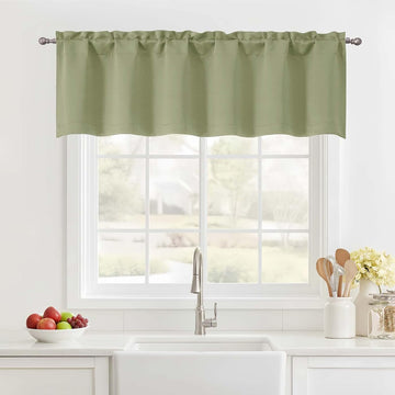 Sage Green Valance for Windows, Small Blackout Kitchen Valance Curtain, Dual Rod Pocket Thermal Insulated Short