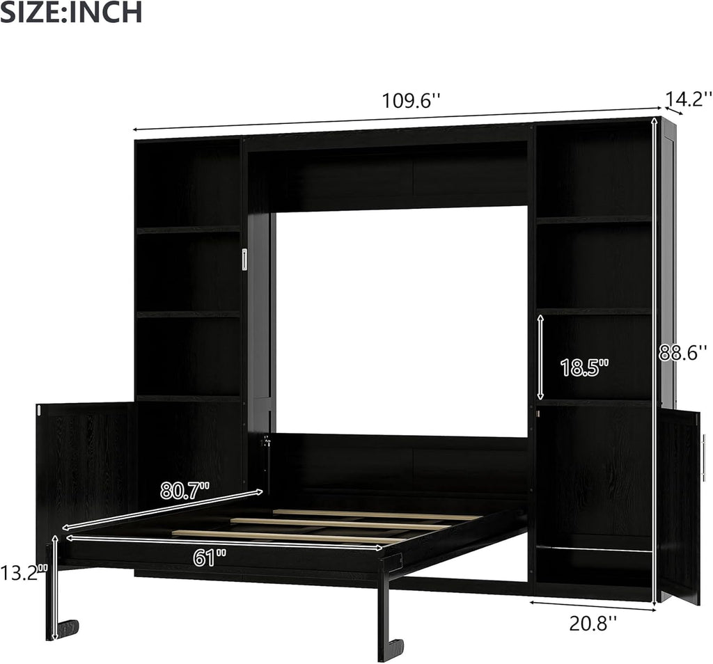 Queen Farmhouse Murphy Bed with Storage Bookcase Shelves and Cabinets, Solid Wood Foldable Hidden Vertical Murphy
