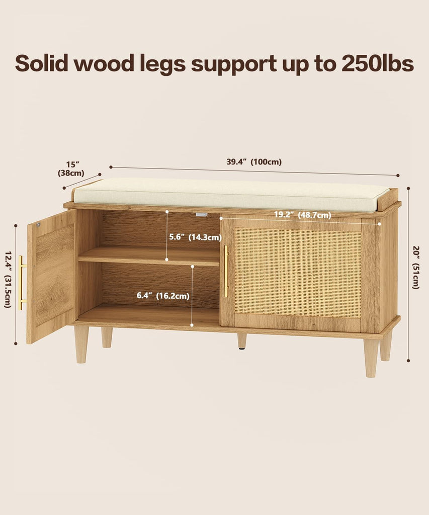 Rattan Shoe Storage Bench with Cushion, 2-Tier Entryway Bench with Adjustable Shelves and 2 Doors, 15" D x 39.4" W x