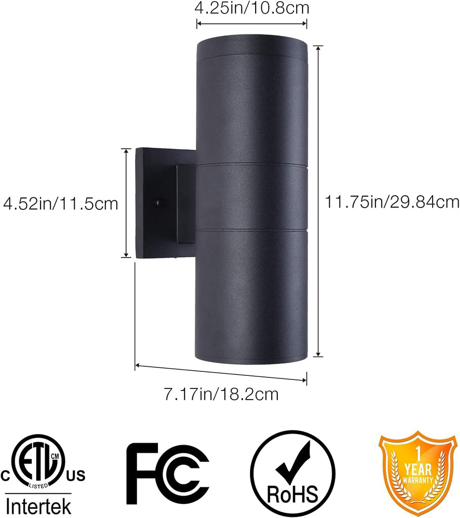 Modern Outdoor Porch Light Patio Light in 2 Lights with Aluminum Cylinder and Tempered Glass Cover Waterproof Wall Sconce 2 Pack (Matte Black)