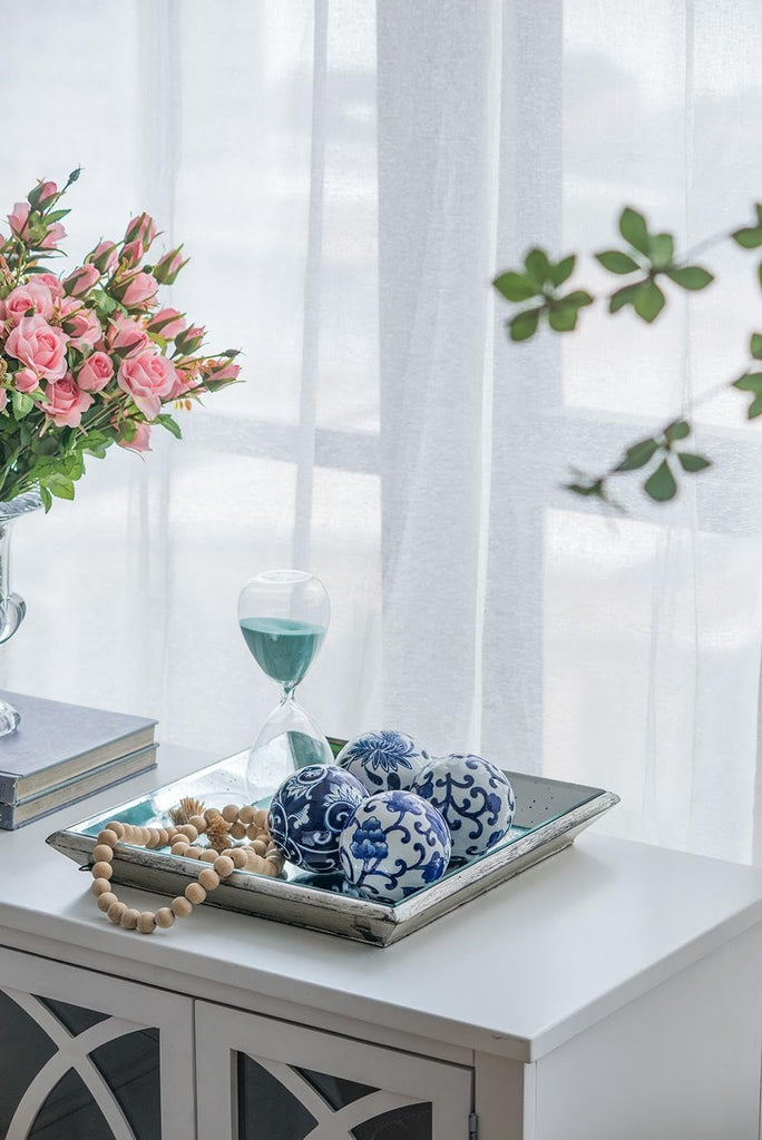 Set of 4 Porcelain Decorative Spheres - Handcrafted Traditional Blue and White Floral Orbs Decor, Tabletop Accent