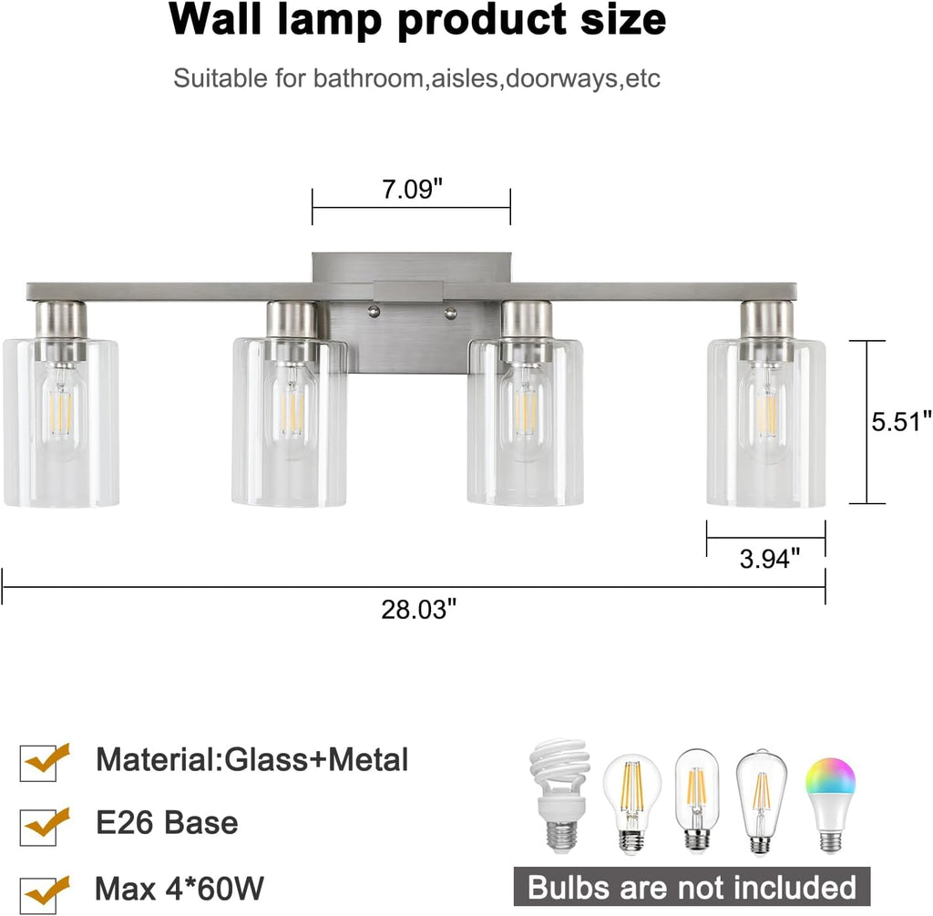 4 Light Bathroom Light Fixtures, Brushed Nickel Modern Bathroom Vanity Light with Clear Glass Shade, Bathroom