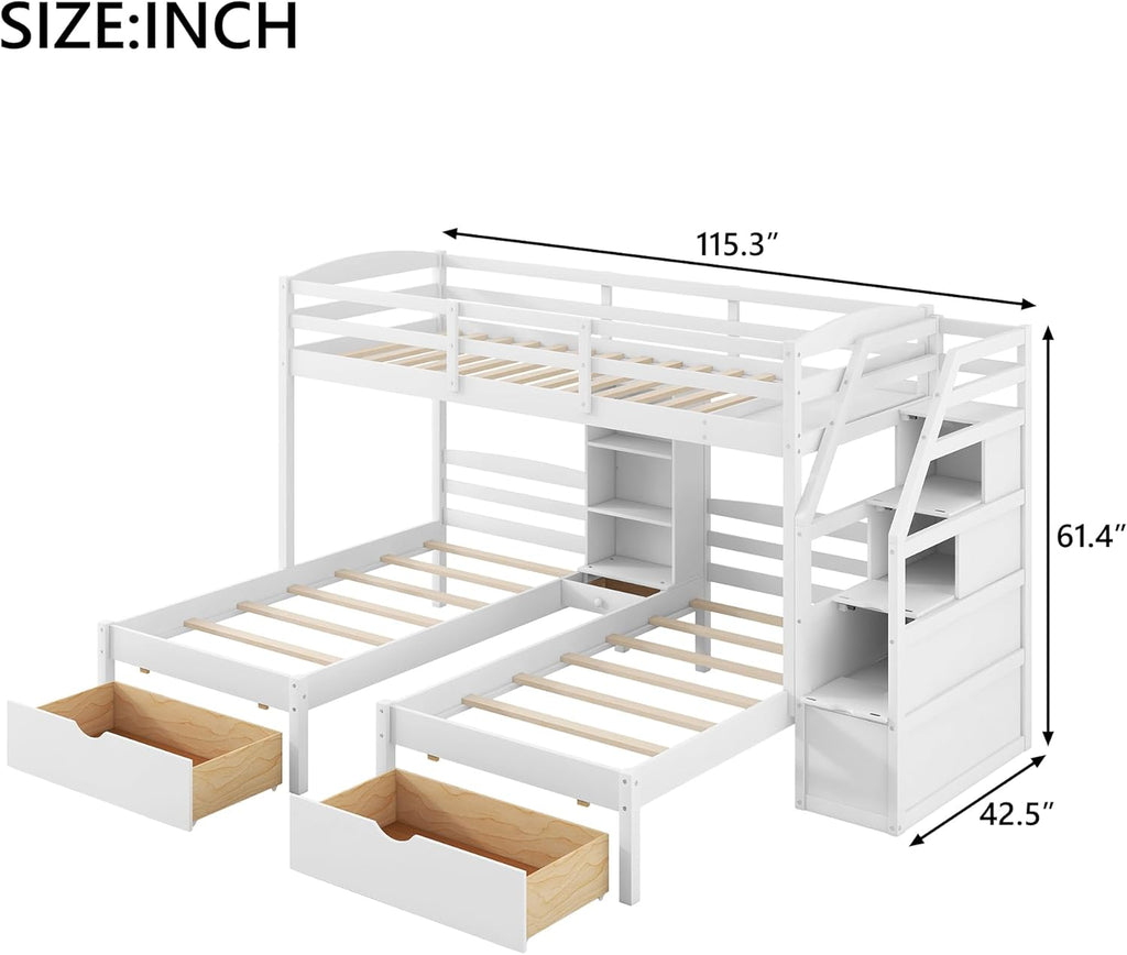 Wood Triple Bunk Bed with Storage Stairs and Drawers Twin Over Twin Over Twin Wooden Bunk Bed with Storage for 3 Kids