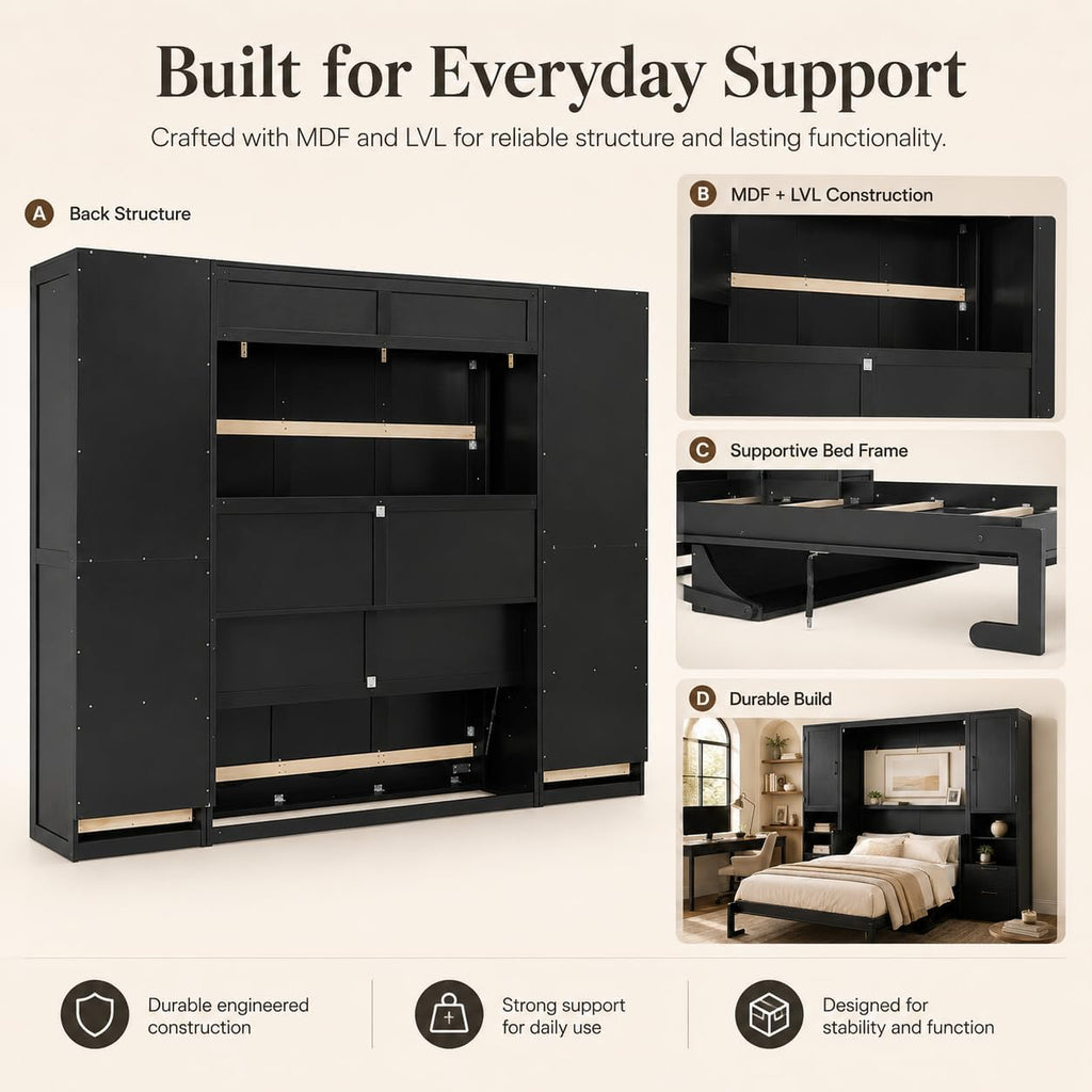Queen Murphy Bed Cabinet with Desk & Storage, Wall Bed Cabinet Bed with Closet, Drawers and Shelves, Hidden Folding