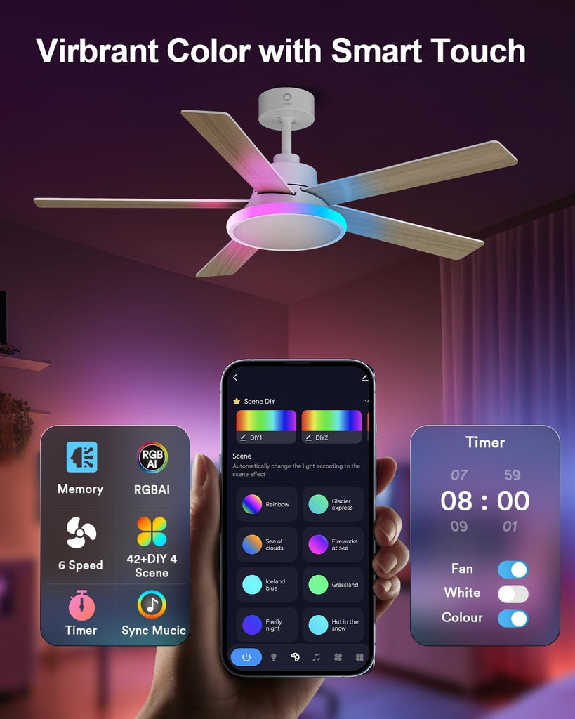 52'' Smart Ceiling Fan with RGBAI Lights Remote, RGB & Stepless Color Temperature, Work with Alexa/Google/App