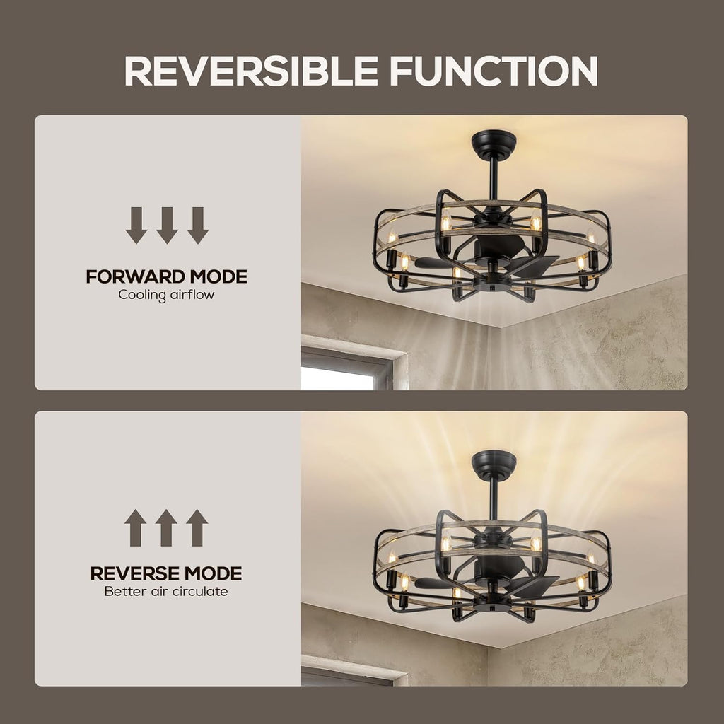 30 Inch Caged Ceiling Fan with Light, Bladeless Farmhouse Ceiling Fan with Remote 6 Speed Reversible Industrial