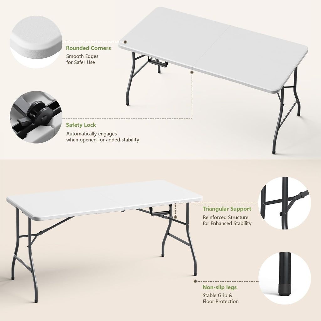 5FT Folding Table and Chairs Set for 4, Heavy Duty Fold-in-Half Plastic Dining Table with Carry Handle & 4 Folding