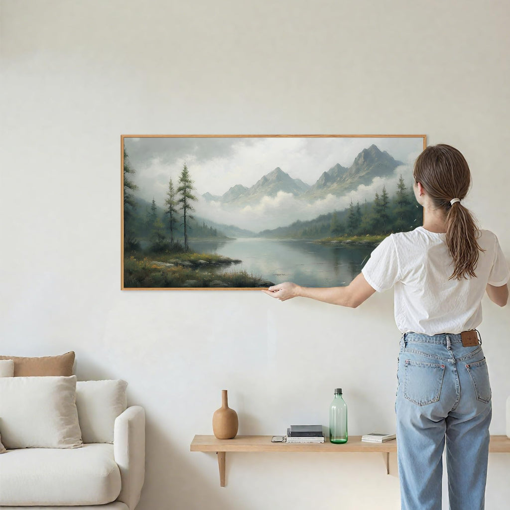 Large Green Forest Framed Canvas Wall Art, Misty Mountain Lake Wall Decor, Modern Foggy Wood Landscape Artwork