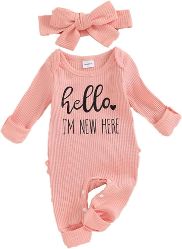 Im New Here Newborn Outfit Girl Long Sleeve Letter Romper Ribbed Knit Jumpsuit Baby Girl Preemie Coming Home Outfit