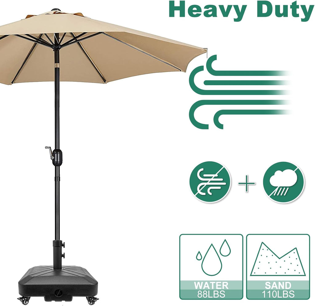 Patio Umbrella Base Heavy Duty with Wheels Square Market Stand 4 Locks 2 Knobs 125lb Capacity, Black