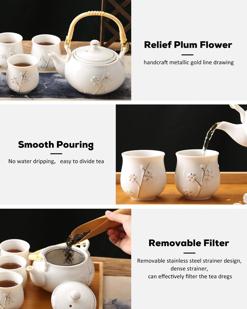 Japanese Tea Set, White Porcelain Chinese Tea Set (Plum in Golden)