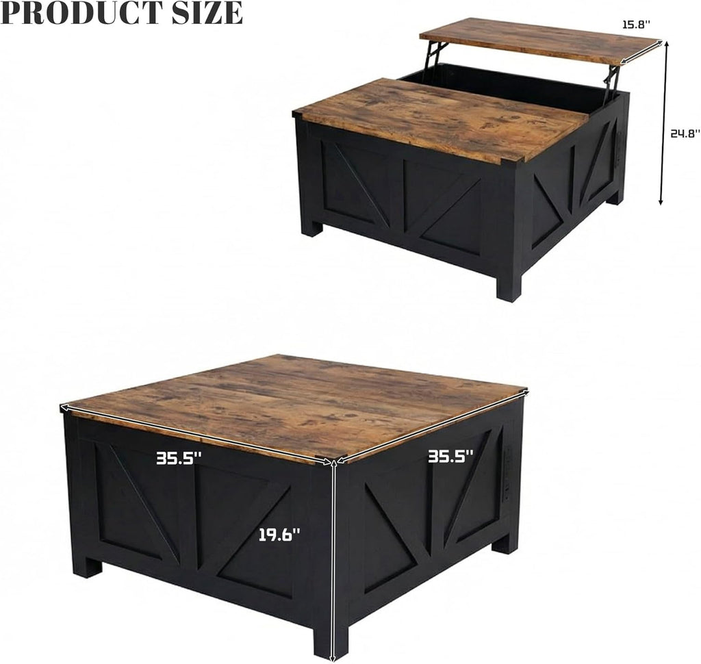 35” Farmhouse Coffee Table with Large Storage, Rustic Wood Lift Top Coffee Table