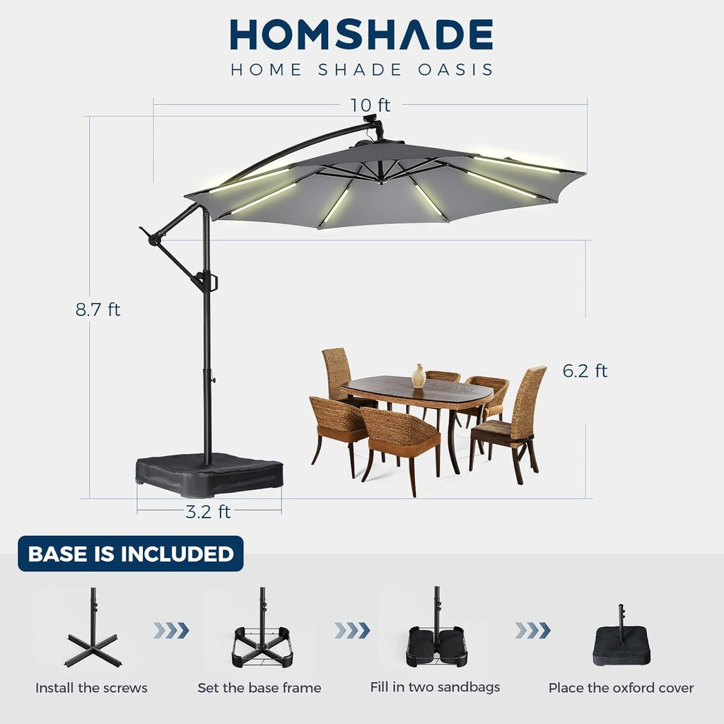 10 ft Offset Patio Umbrella with Solar Lights, LED Lighted Umbrella Outdoor Patio with Base Included