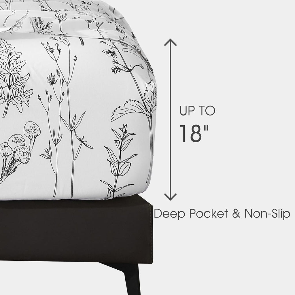 Deep Pocket Queen Sheets, Floral Patterned Black and White Cute 4pc - Set of 4