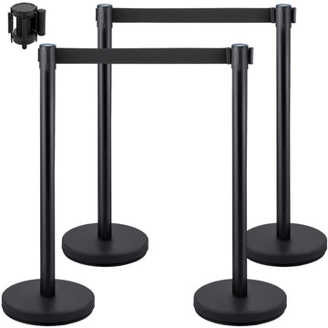 Crowd Control Stanchion Set, Stanchion Set with 6.6 ft/2 m Black Retractable Belt, Black Crowd Control Barrier