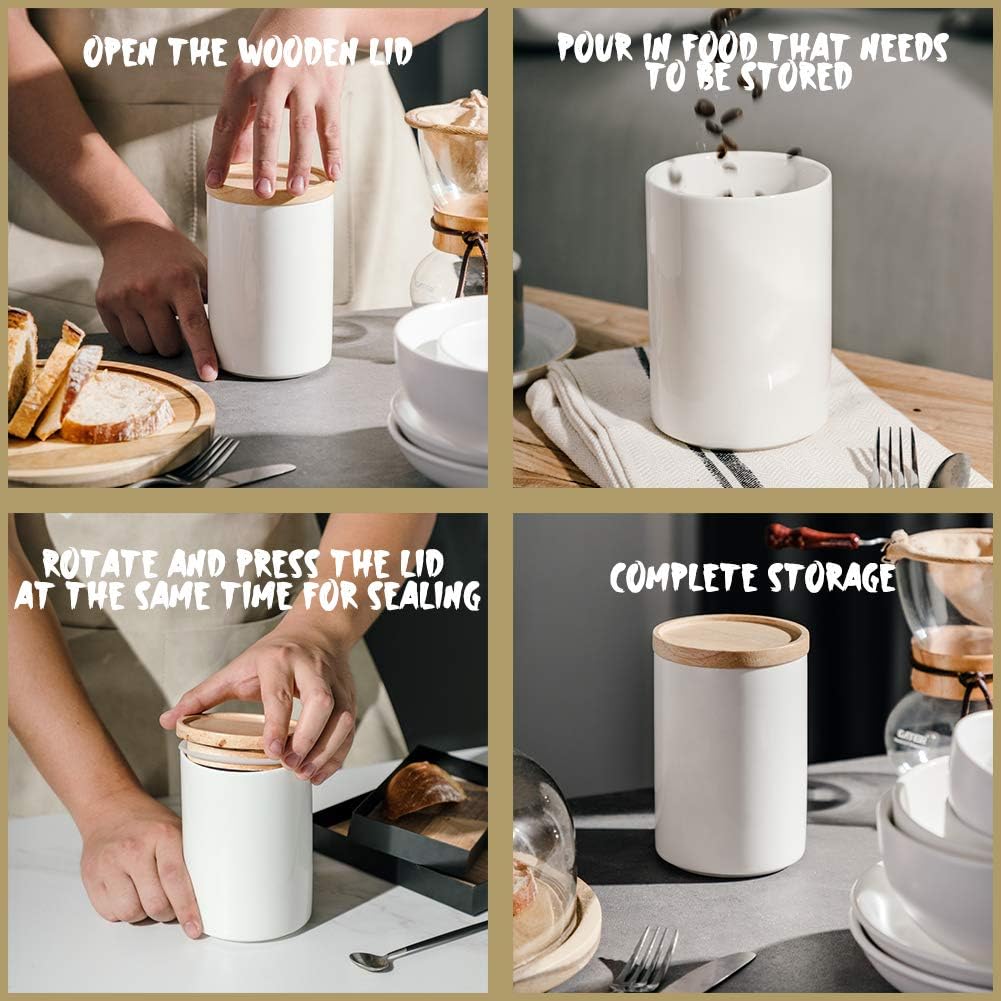 Kitchen Canisters Ceramic Food Storage Jar Set, Stackable Containers with Airtight Seal Wooden Lid for Serving Ground - Set of 4