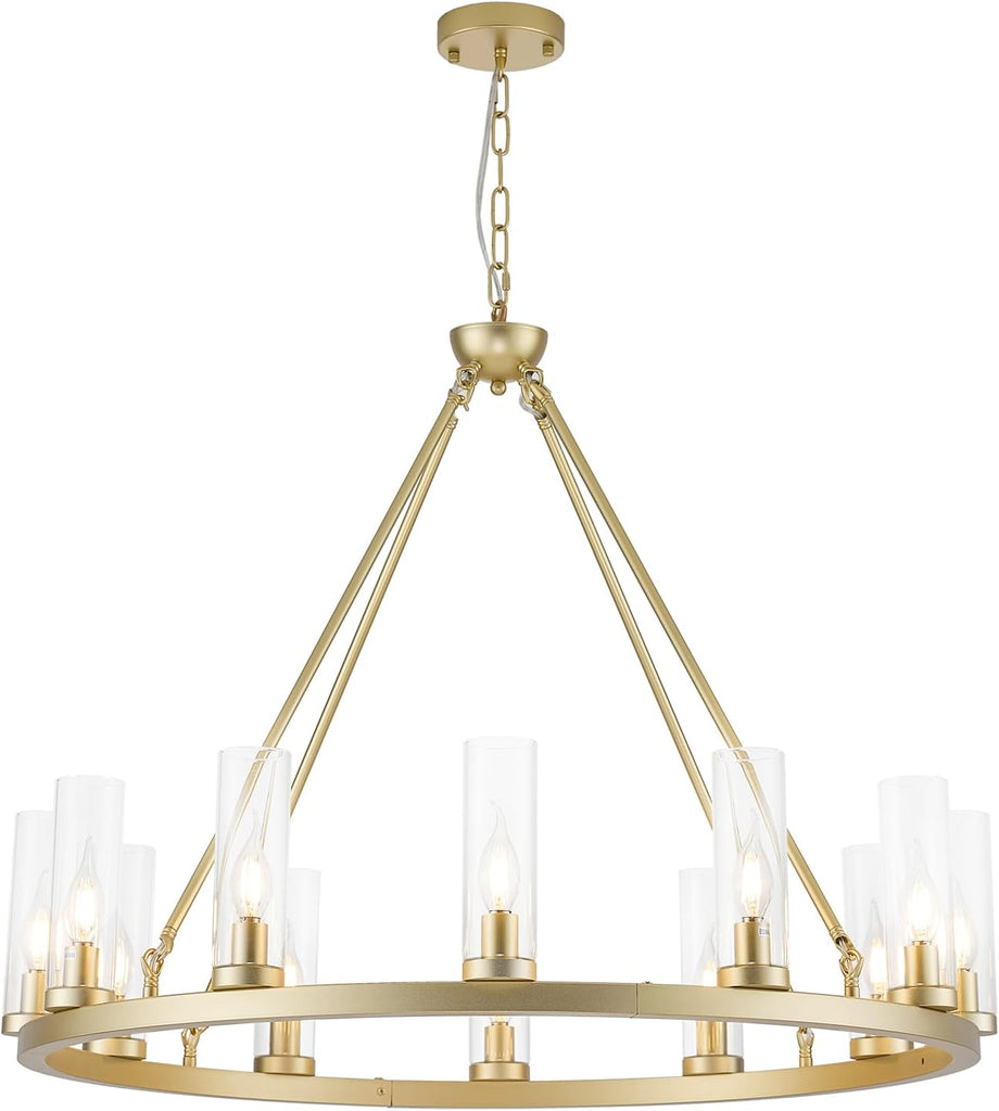 Farmhouse Chandeliers for Dining Room,Metal Wagon Wheel Chandelier with Clear Glass Vintage Round Pendant Lights Kitchen Island Lighting Fixture(Gold,34in -12 Light) A115-B0C89Z637G