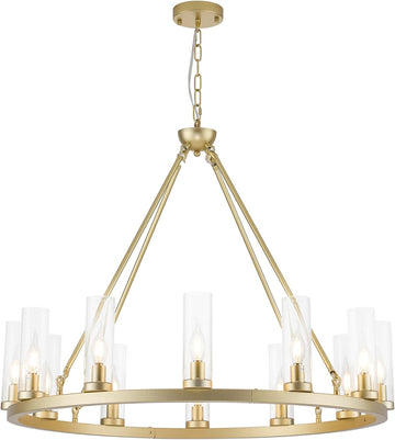 Inspired Ravelle Style Farmhouse Chandeliers for Dining Room,Metal Wagon Wheel Chandelier with Clear Glass Vintage Round Pendant Lights Kitchen Island Lighting Fixture(Gold,34in -12 Light)