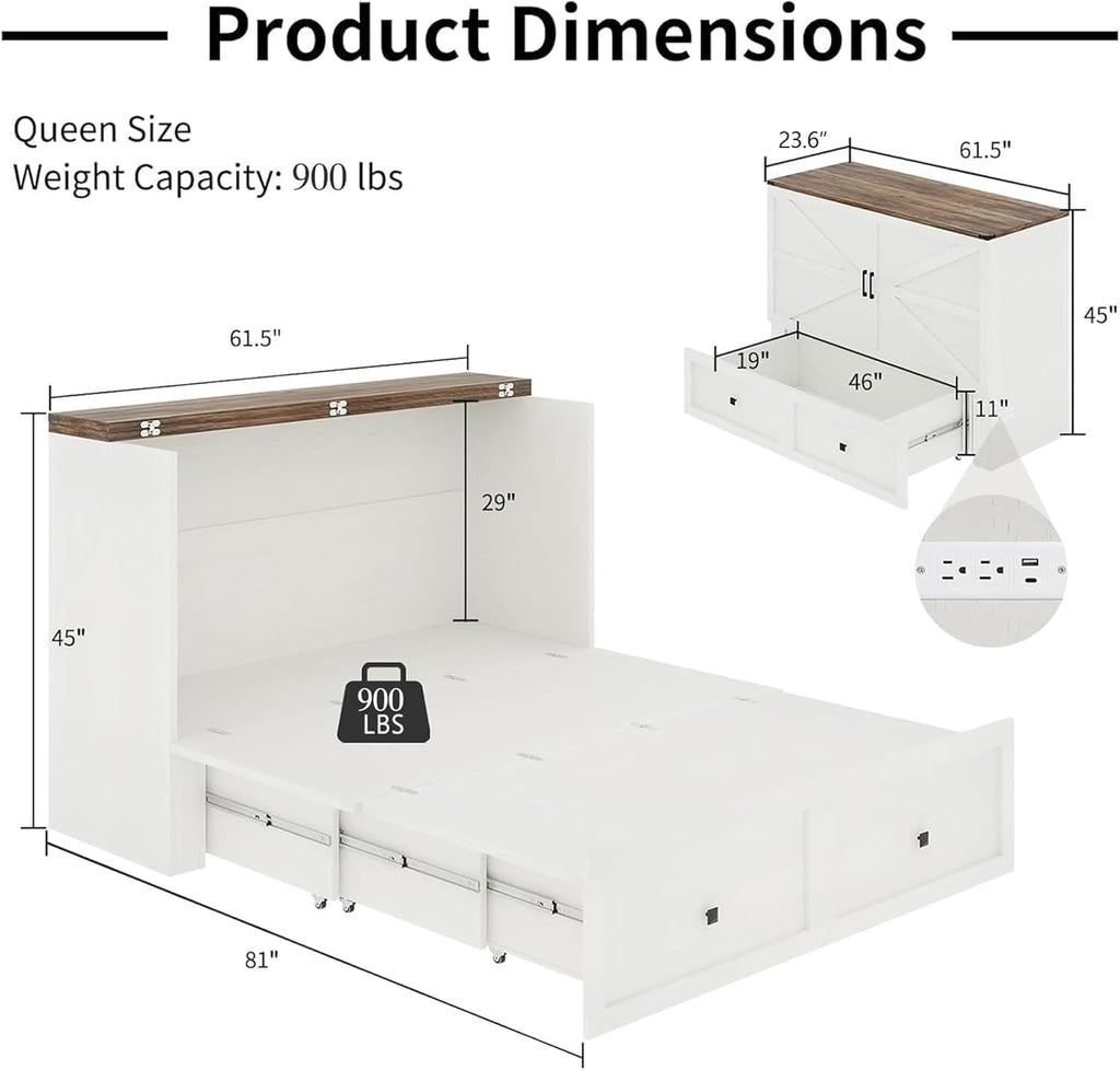 Farmhouse Queen Murphy Bed with Charging Station & Easy Fold-Down - 900lbs Capacity Heavy Duty Murphy Bed Cabinet