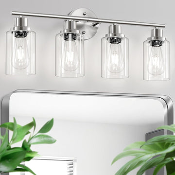 4-Light Nickel Bathroom Light Fixtures, E26 Modern Vanity Lights with Clear Glass Shade, Wall Lamps for Mirror