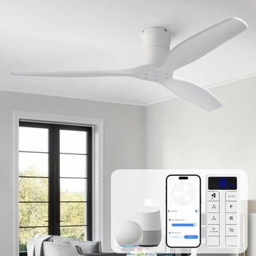 52" Smart Ceiling Fan No Light, Solid Wood Low Profile Ceiling Fan with Remote