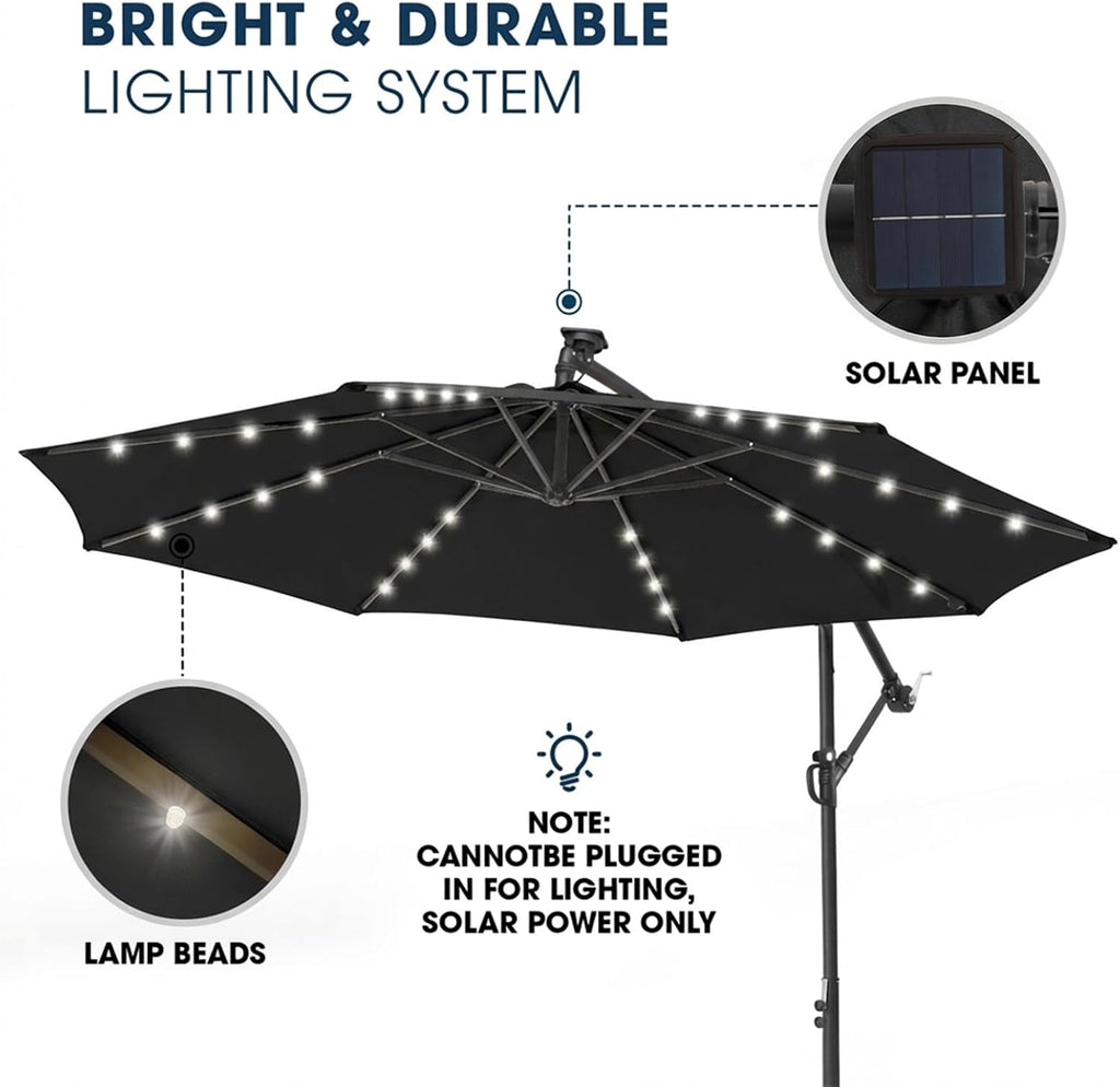 10ft Solar LED Patio Umbrella with Base Included, Offset Umbrella with Weighted Sandbag Base