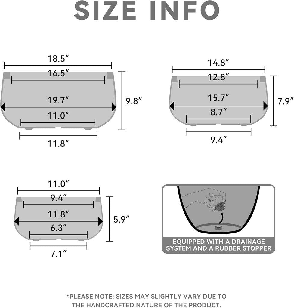 Set of 3 Black Concrete Bowl Planters 19.6" 16" 19.6" Dia | Drainage for Outdoor, Rubber Plug for Indoor Home