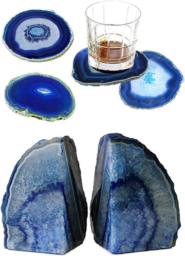 4PCS Blue Agate Slice Coasters Small & 1 Pair Blue Agate Bookends 4-6 lbs