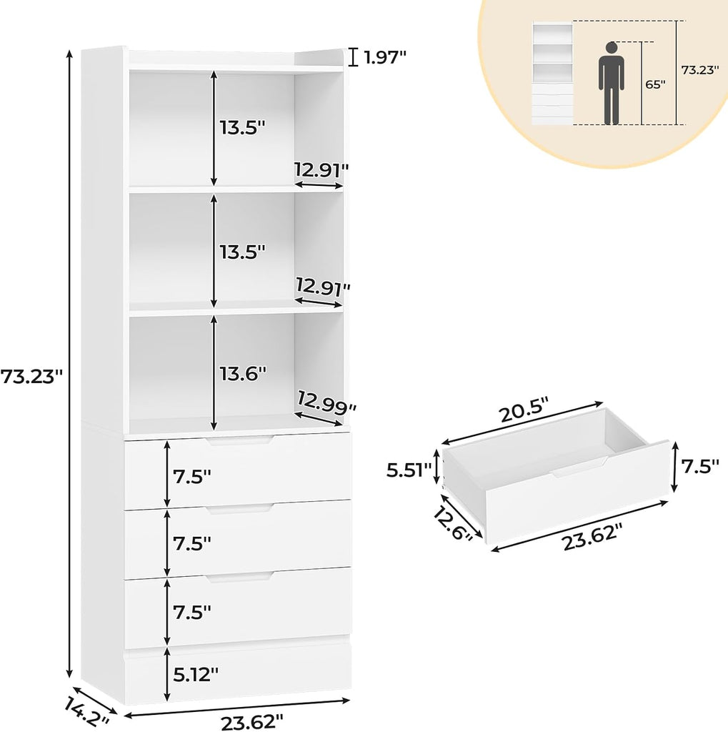 73.23'' Tall Storage Cabinet Bookcase with 3 Drawers and 3-Tier Open Shelves Wooden Bookshelf Kitchen Pantry Storage