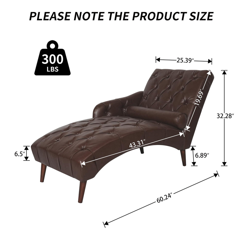 PU Leather Chaise Lounge Chair Indoor, Side Armrest, Dark Brown
