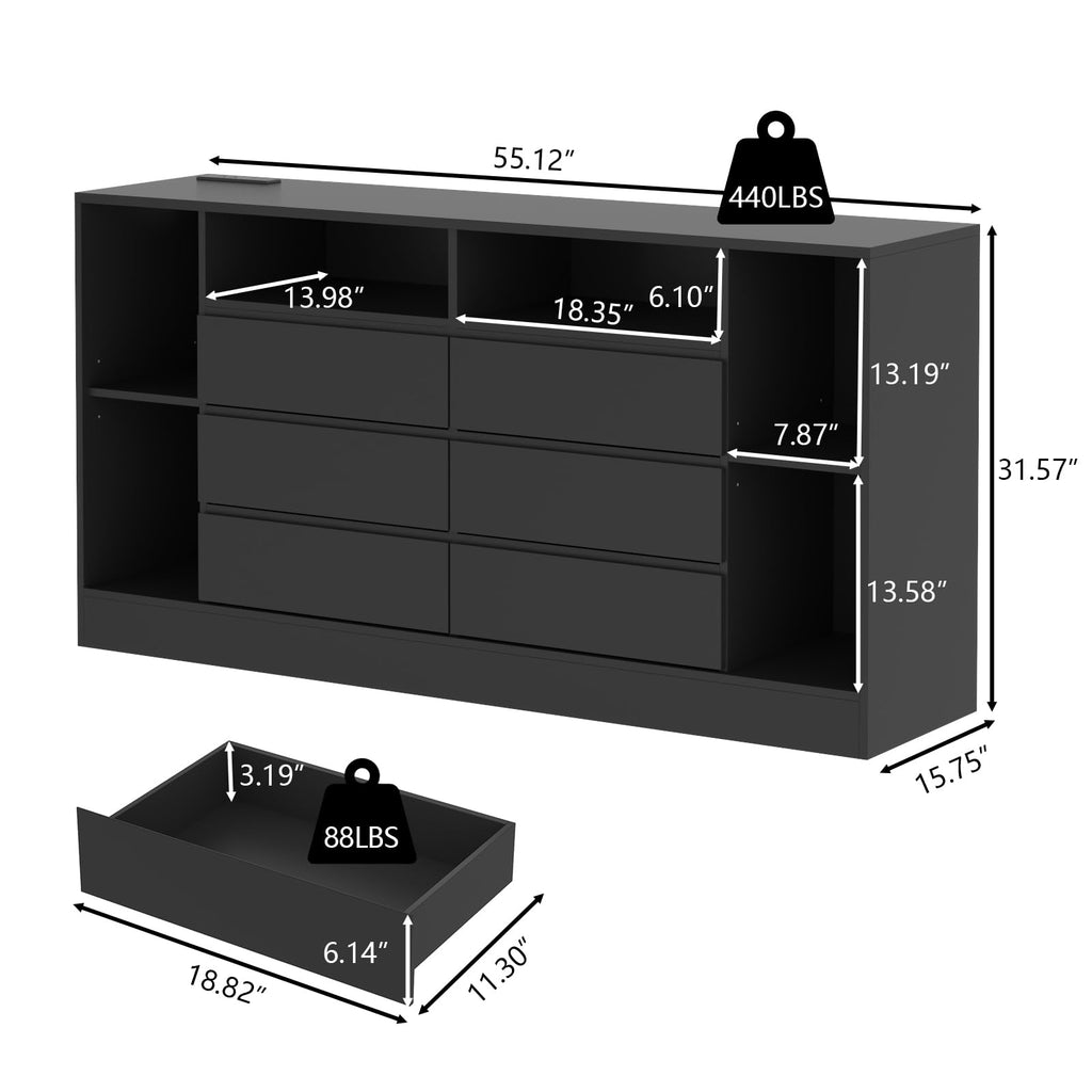 6 Drawers Dresser with 6 Open Storage Cubbies, LED with Power Outlet, 55" Wide Long Dresser, Modern TV Stand with