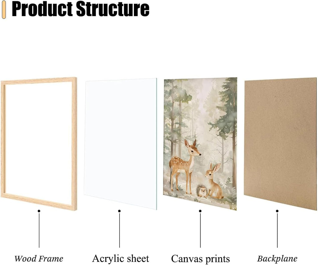 3 Piece OAK Wood Framed Wall Art Woodland Wall Decor Animals Canvas Art Deer Hedgehog Fox Bear Pictures Forest
