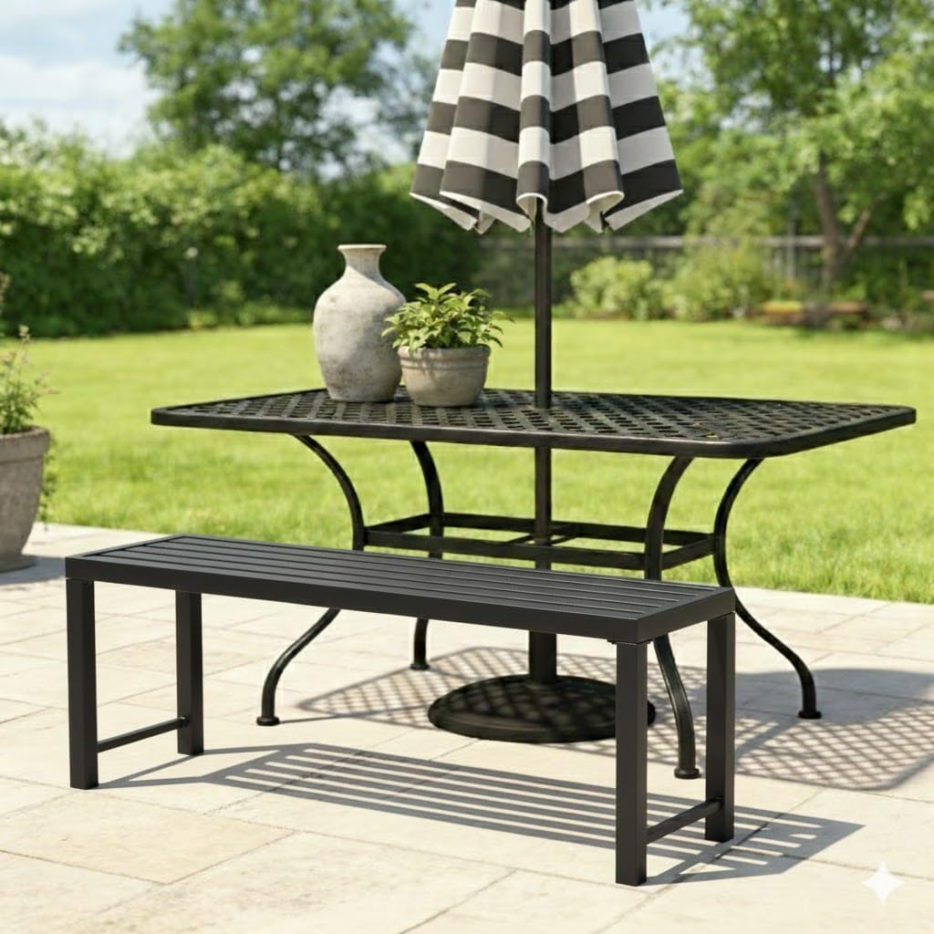 Outdoor Metal Backless Bench Weatherproof Patio Bench with Slatted Seat, All-Weather Garden Bench for Porch, Patio