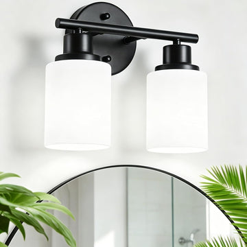 2-Light Vanity Lights, Black Bathroom Light Fixture with Striped Textured Milky White Glass Shade, Modern Vanity