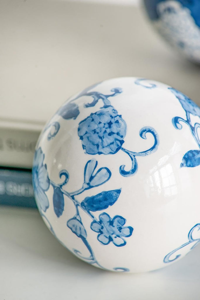 Set of 4 Ceramic Decorative Spheres - Handcrafted Blue and White Coastal Floral Orbs Decor, Tabletop Accent, Shelf