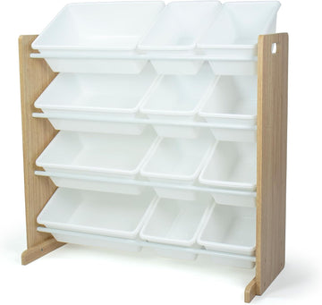 Kids Toy Organizer with 12 Bins, 4 Tier Storage | Sturdy wood and steel toddler shelf, removable BPA-free containers
