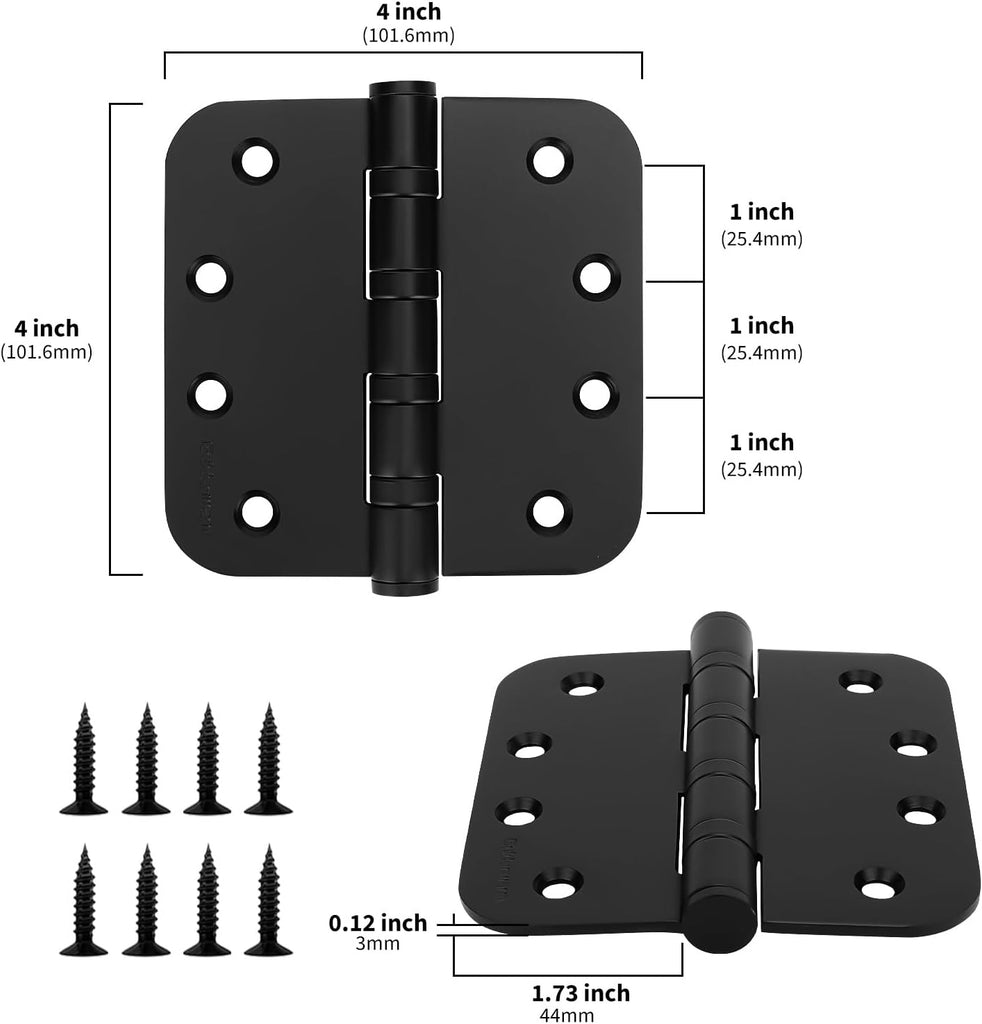 3 Pack 4'' Black Ball Bearing Door Hinges - Heavy Duty Stainless Steel Hinges Doors, 5/8'' Radius Corners