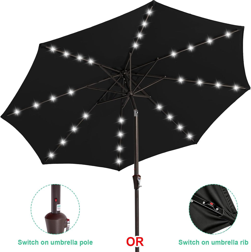 9FT Outdoor Patio Umbrella with Solar Lights, LED Lighted Pool Umbrella with Tilt and Crank - Jet Black