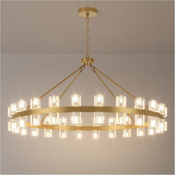 48 Inch Gold Wagon Wheel Chandelier with Crystal Shade, 48 Lights, Modern Farmhouse Style, Ideal for Dining Room, Kitchen, Entryways