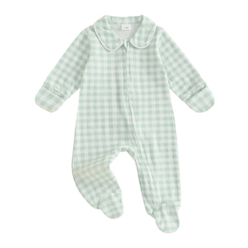 Newborn Baby Boy Girl Gingham Footed Romper Plaid Print Peter Pan Collar Long Sleeve Zipper Jumpsuit Fall Coming Home